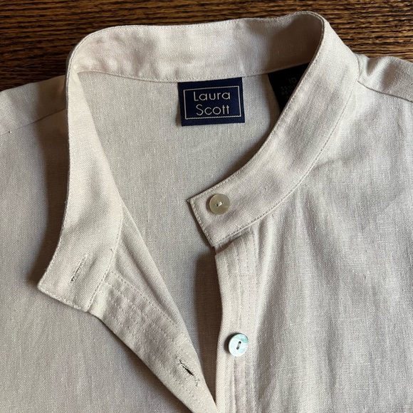 Ecru Linen Button Down, Collarless with Mother of Pearl Shell Buttons - Picture 3 of 9